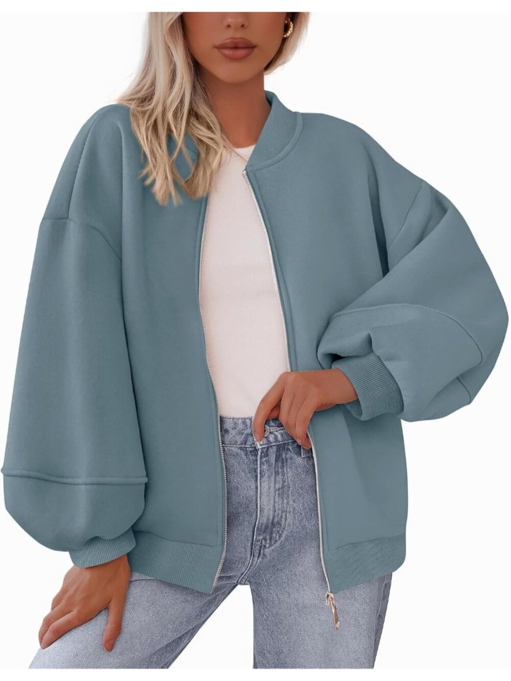Women’s Grey Blue Oversized Zip Up Sweatshirt With Pockets Casual Bomber Jacket